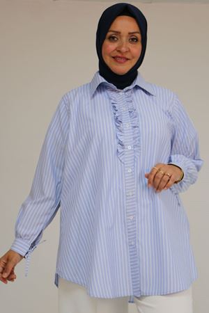 58075-1 Büyük Beden Önü Fırfır Detaylı Erkek Yaka Poplin Gömlek - Çizgili Mavi