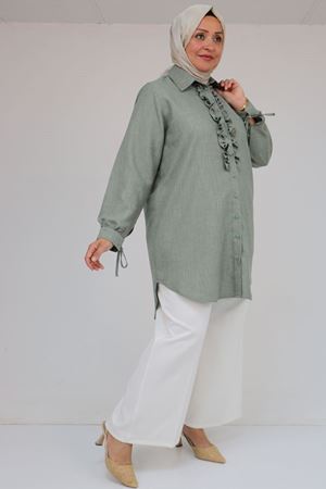 58075 Büyük Beden Önü Fırfır Detaylı Erkek Yaka Gömlek - Nefti Kırçıllı