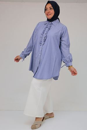 58075-1 Büyük Beden Önü Fırfır Detaylı Erkek Yaka Poplin Gömlek - Çizgili Lacivert