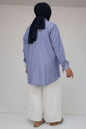 58075-1 Büyük Beden Önü Fırfır Detaylı Erkek Yaka Poplin Gömlek - Çizgili Lacivert