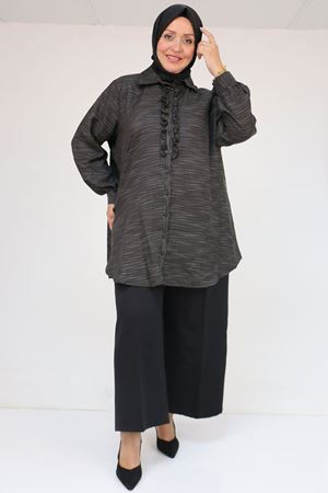 58075 Büyük Beden Önü Fırfır Detaylı Erkek Yaka Gömlek - Siyah Kırçıllı