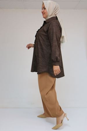 58075 Büyük Beden Önü Fırfır Detaylı Erkek Yaka Gömlek - Kahve Kırçıllı