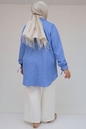 58075 Büyük Beden Önü Fırfır Detaylı Erkek Yaka Gömlek - İndigo Kırçıllı