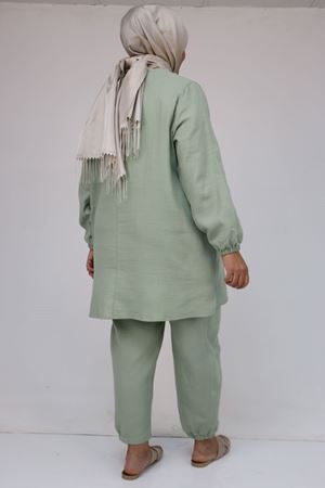 57048 Büyük Beden Kolları Lastikli Müslin Pantolonlu Takım - Nefti