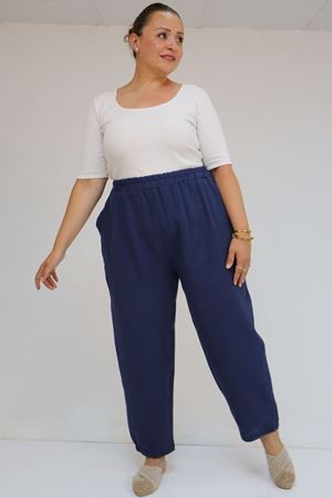 59022 Büyük Beden Paçası Yarım Lastikli Müslin Pantolon - Lacivert
