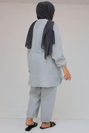 57048 Büyük Beden Kolları Lastikli Müslin Pantolonlu Takım - Gri