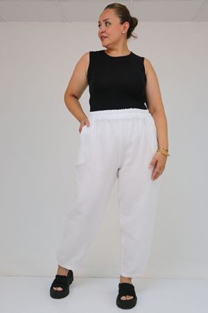 59022 Büyük Beden Paçası Yarım Lastikli Müslin Pantolon - Beyaz