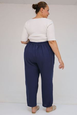 59022 Büyük Beden Paçası Yarım Lastikli Müslin Pantolon - Lacivert