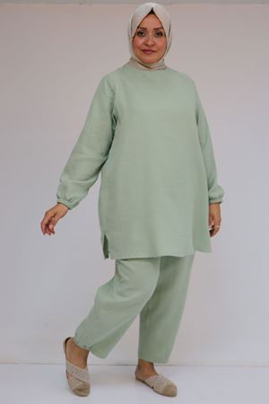 57048 Büyük Beden Kolları Lastikli Müslin Pantolonlu Takım - Nefti