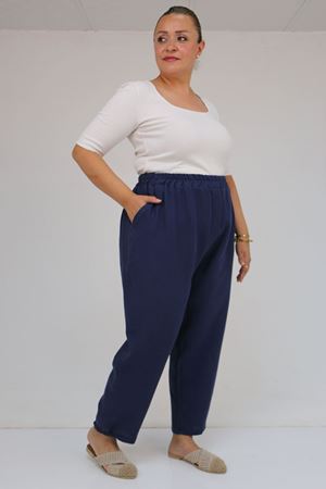 59022 Büyük Beden Paçası Yarım Lastikli Müslin Pantolon - Lacivert