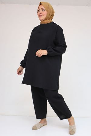 57048 Büyük Beden Kolları Lastikli Müslin Pantolonlu Takım - Siyah
