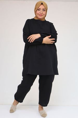 57048 Büyük Beden Kolları Lastikli Müslin Pantolonlu Takım - Siyah