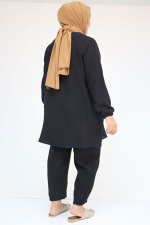 57048 Büyük Beden Kolları Lastikli Müslin Pantolonlu Takım - Siyah