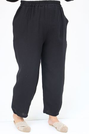 57048 Büyük Beden Kolları Lastikli Müslin Pantolonlu Takım - Siyah