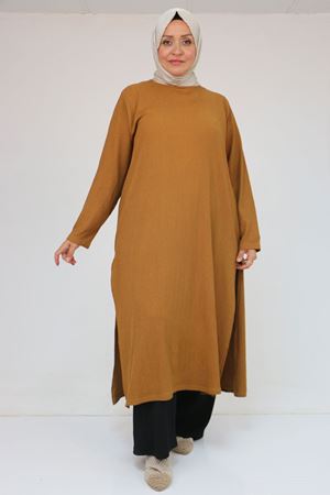 57051 Büyük Beden Kombinli  Bürümcük Pantolonlu Takım - Taba