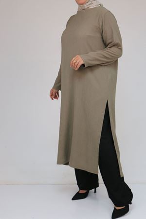 57051 Büyük Beden Kombinli  Bürümcük Pantolonlu Takım - Vizon