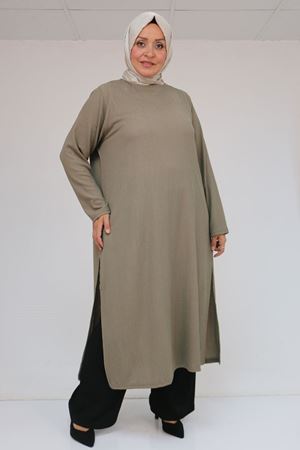 57051 Büyük Beden Kombinli  Bürümcük Pantolonlu Takım - Vizon