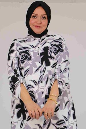 58097 Büyük Beden Desenli Bürümcük Düğmeli Gömlek - Gri-Siyah