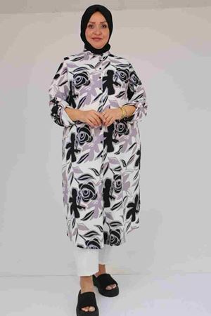 58097 Büyük Beden Desenli Bürümcük Düğmeli Gömlek - Gri-Siyah