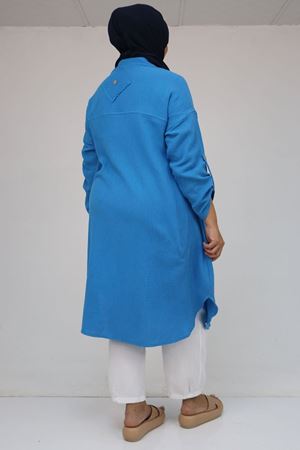 58071-1 Büyük Beden Önleri Torba Cepli Müslin Gömlek - Mavi