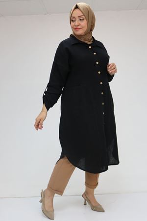 58071-1 Büyük Beden Önleri Torba Cepli Müslin Gömlek - Siyah