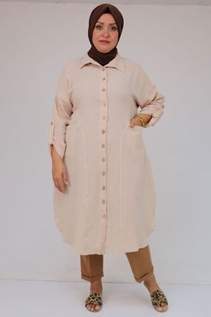 58071-1 Büyük Beden Önleri Torba Cepli Müslin Gömlek - Bej