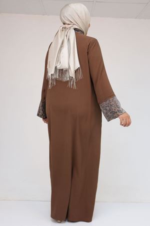 56005 Büyük Beden Kol Garnili Etamin Abaya Ferace - Kahve