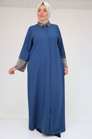 56005 Büyük Beden Kol Garnili Etamin Abaya Ferace - Petrol