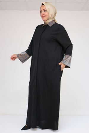 56005 Büyük Beden Kol Garnili Etamin Abaya Ferace - Siyah