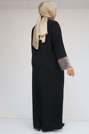 56005 Büyük Beden Kol Garnili Etamin Abaya Ferace - Siyah