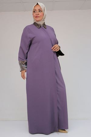 56005 Büyük Beden Kol Garnili Etamin Abaya Ferace - Lila
