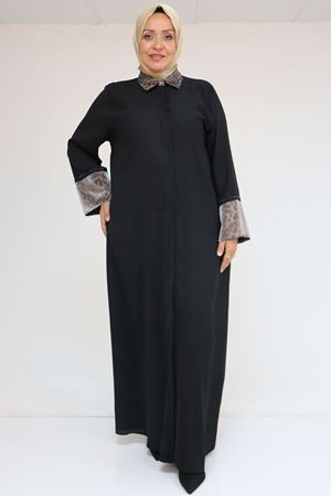 56005 Büyük Beden Kol Garnili Etamin Abaya Ferace - Siyah