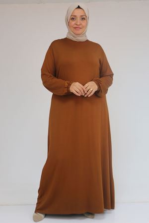 22008 Büyük Beden Kolu Lastikli Elbise - Taba