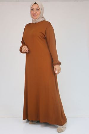 22008 Büyük Beden Kolu Lastikli Elbise - Taba