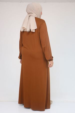 22008 Büyük Beden Kolu Lastikli Elbise - Taba