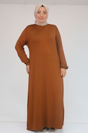 22008 Büyük Beden Kolu Lastikli Elbise - Taba