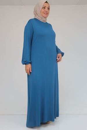 22008 Büyük Beden Kolu Lastikli Elbise - Petrol