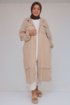 F-53017 Büyük Beden Kolu Lastikli Kapşonlu Keten Kap - Bej