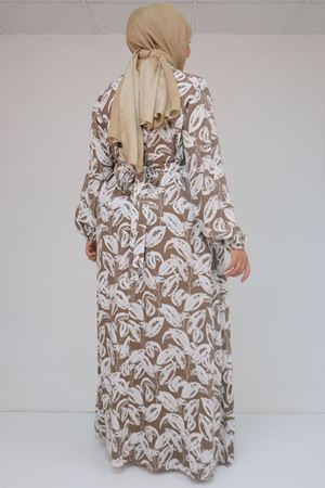 42014 Büyük Beden Desenli Viskon Erkek Yakalı Elbise - Yaprak Desen Kahve