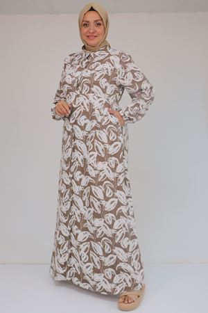 42014 Büyük Beden Desenli Viskon Erkek Yakalı Elbise - Yaprak Desen Kahve