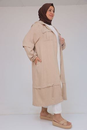 F-53017 Büyük Beden Kolu Lastikli Kapşonlu Keten Kap - Bej