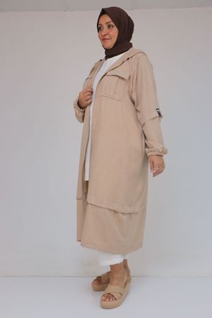 F-53017 Büyük Beden Kolu Lastikli Kapşonlu Keten Kap - Bej