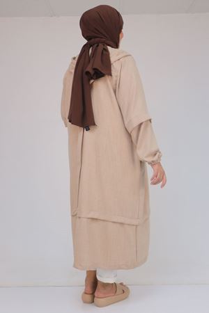 F-53017 Büyük Beden Kolu Lastikli Kapşonlu Keten Kap - Bej