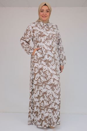 42014 Büyük Beden Desenli Viskon Erkek Yakalı Elbise - Yaprak Desen Kahve