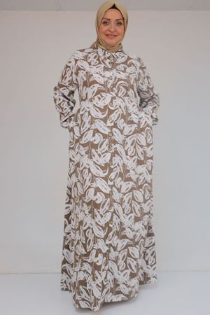 42014 Büyük Beden Desenli Viskon Erkek Yakalı Elbise - Yaprak Desen Kahve