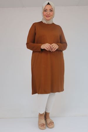 38501 Büyük Beden Basic Penye Tunik - Taba
