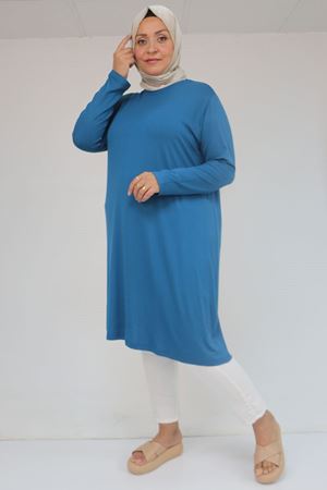 38501 Büyük Beden Basic Penye Tunik -Petrol