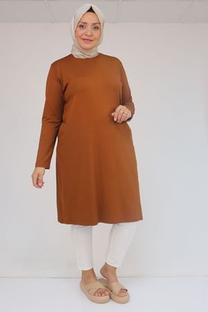 38501 Büyük Beden Basic Penye Tunik - Taba