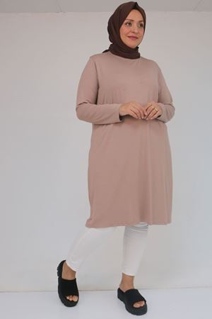 38501 Büyük Beden Basic Penye Tunik - Bej