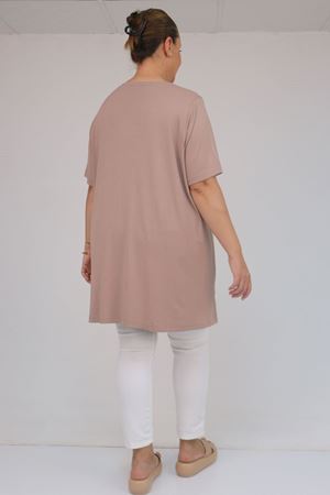 58507 Büyük Beden Yakası Biyeli Penye Tişört - Bej